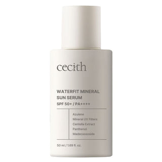 A white cylindrical bottle of Cecith Waterfit Mineral Sun Serum with a matching white cap, shown against a plain white background.