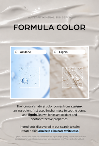 A promotional graphic for Waterfit Mineral Sun Serum titled 'FORMULA COLOR' on a soft white cream background. It shows two inset panels labeled 'Azulene' and 'Lignin' with droplet and texture imagery, plus descriptive text about the natural formula color and ingredients.