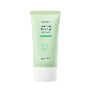 Goodal Heartleaf Soothing Tone Up Sun Cream in a light green squeeze tube with a white cap, shown on a solid white background.