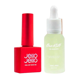 Jello Jello Peel Off Base plus the Gel remover set featuring a bright red peel off base gel bottle and a translucent pale green gel remover dropper bottle with wooden spatula tools, on a white background.