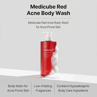 Medicube Red Acne Body Wash bottle with pump on a light gray background