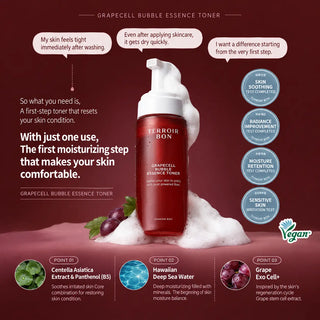 Terror Bon Grapecell Bubble Essence Toner in a red pump bottle, displayed on white foam against a dark burgundy background with marketing text, ingredient callouts, and circular benefit badges.