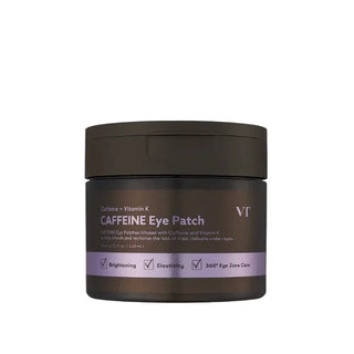 Jar of vt caffeine eye patch with brown lid and purple label on a white background