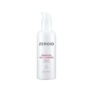 White bottle of Zeroid Pimprove Gel Cleanser on a light gray background