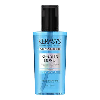 Kerasys Hair Clinic Advanced Keratin Bond Serum in a translucent light blue bottle with a black pump cap, shown on a white background with an official store badge in the top right corner.